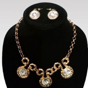 Gold Rhinestone Link Formal Necklace & Matching Earrings Set Fashion Jewelry